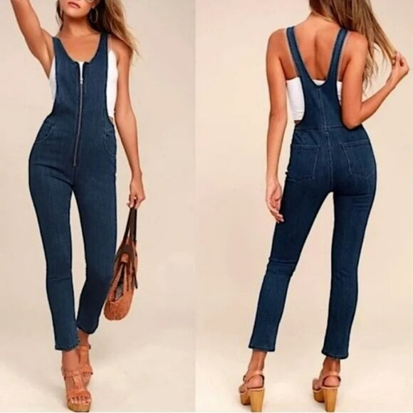 Free People Pants - Free People Jax Blue Denim Jean Jumpsuit Skinny Zipper Front Overalls.  SZ XS